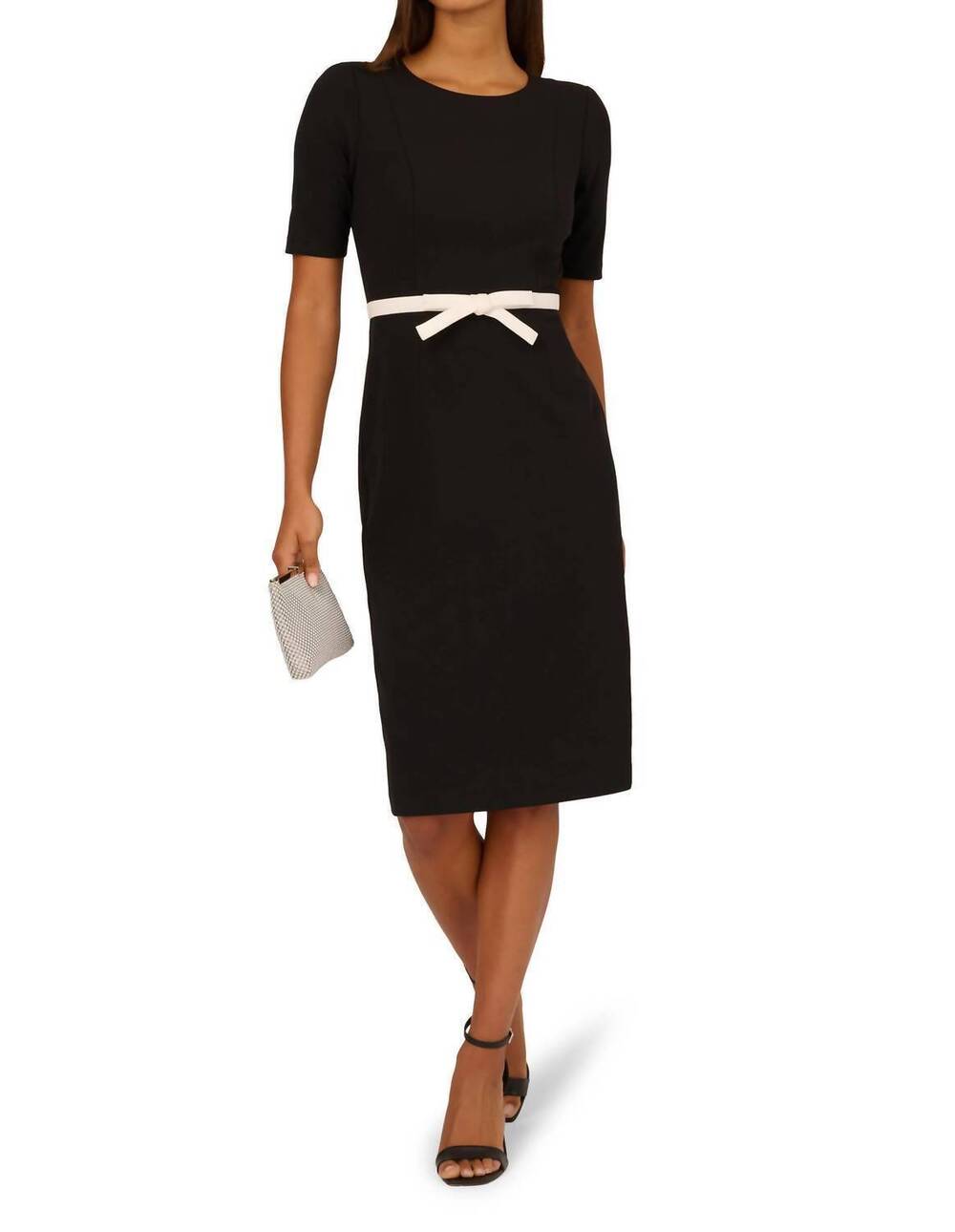 NEW ADRIANNA PAPELL short contrast bow cocktail dress in black / ivory